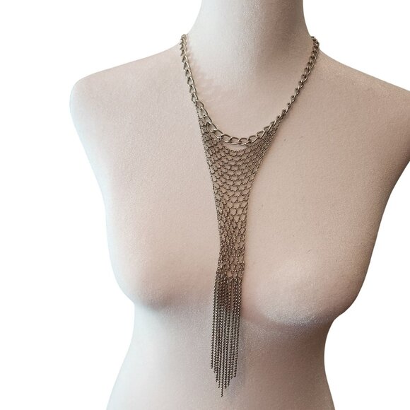 Lucky brand Silver-Tone Necklace mesh Fringe Adjustable Closure Statement - Picture 1 of 4